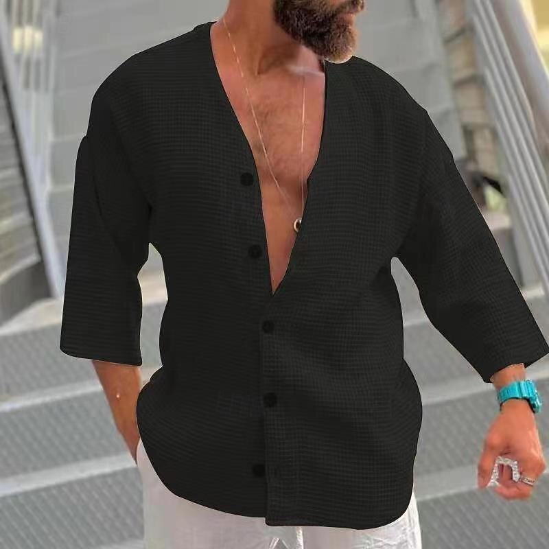 Men's Shirt Summer Shirt Button Up Shirt Casual Shirt Beach Shirt Black White Light Grey Beige 3/4 Length Sleeve Plain V Neck Hawaiian Holiday Clothing Apparel Fashion Casual Comfortable3