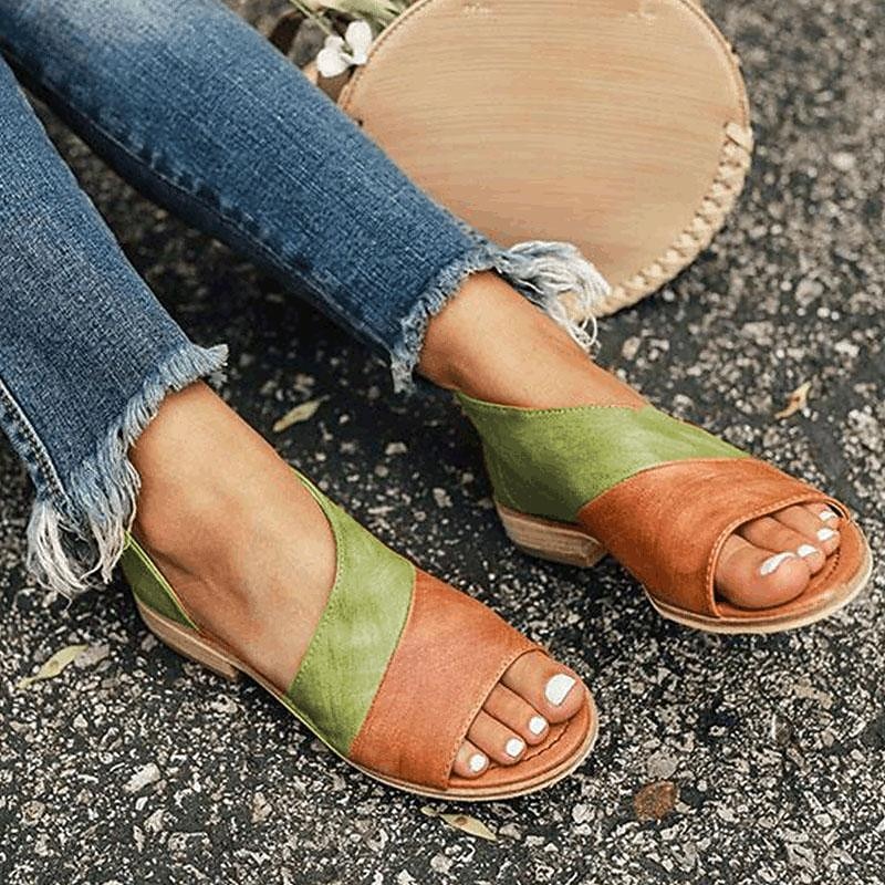Women's Green and Orange Colorblock Open Toe Sandals with Low Heel and Side Cutout, Casual Slip-On Summer Shoes for Travel, Beach, and Daily Wear
