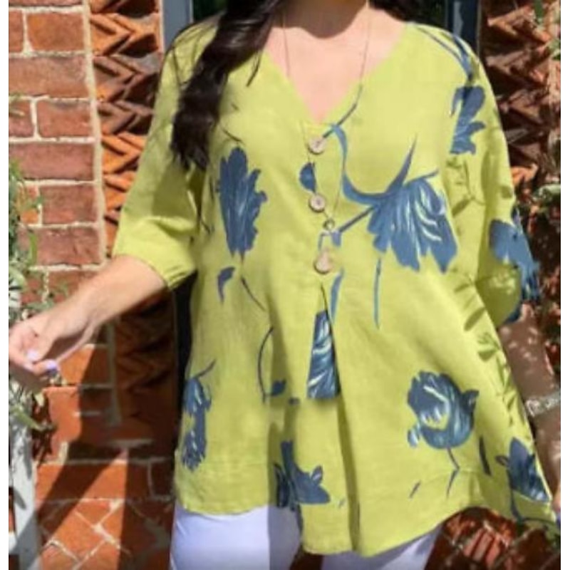 Women's Shirt Cotton Linen Shirts Button Up Blouse Floral Casual 3/4 Length Sleeve V Neck Regular Tops Vacation Daily Buttons Print White Yellow Red Blue Spring & Summer4