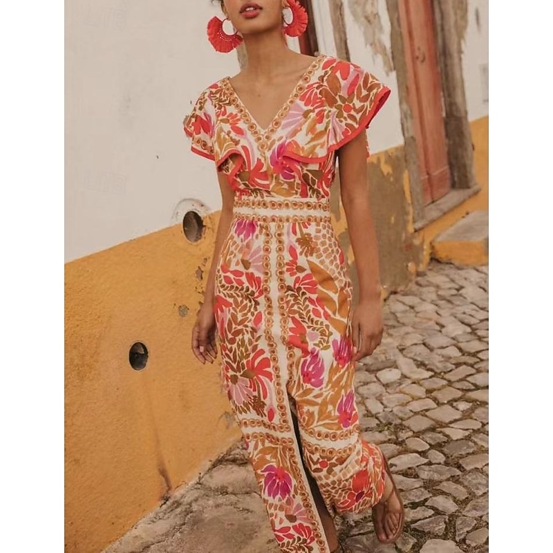 Women's Graphic Color Block Backless Split Thigh V Neck Flutter Sleeve Midi Dress Elegant Stylish Date Vacation Sleeveless Summer3