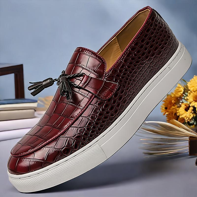 Men's Crocodile Pattern Tassel Loafers with Slip-On Design – Casual Faux Leather Shoes with White Sole