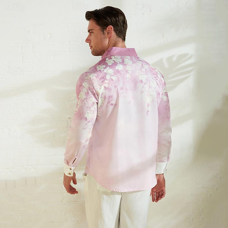 Men's Floral Shirt Linen Shirt Aloha Shirt Long Sleeve Casual Daily Wear Going out Weekend Spring Standing Collar Print Button-Down Blue Purple Green2
