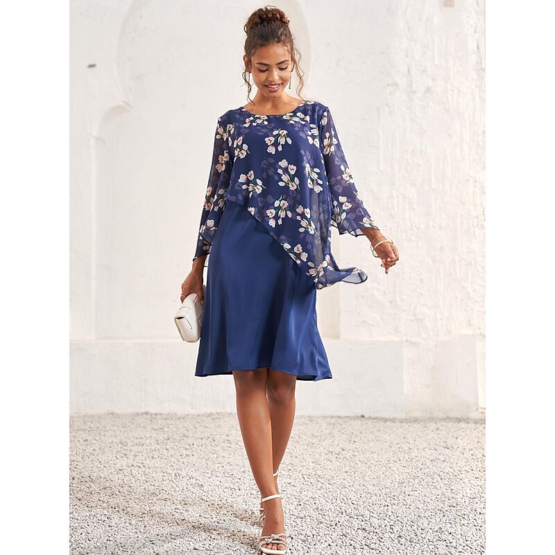 Women's Wedding Guest Dress A Line Dress Elegant Floral Midi Dress Chiffon Flared Sleeve Crew Neck Patchwork Regular Fit Wedding Guest Cocktail Party Blue Summer2
