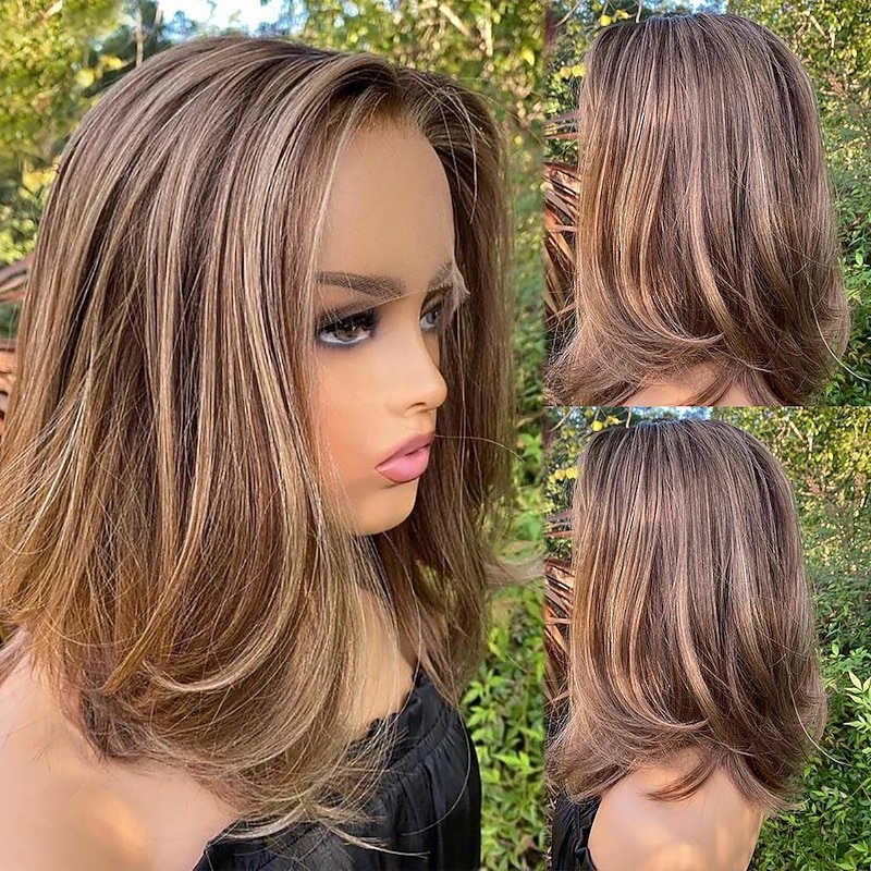Remy Human Hair 13x4 Lace Front Wig Short Bob Brazilian Hair Straight Multi-color Wig 130% 150% Density with Baby Hair Highlighted / Balayage Hair 100% Virgin Pre-Plucked For Women Long Human Hair