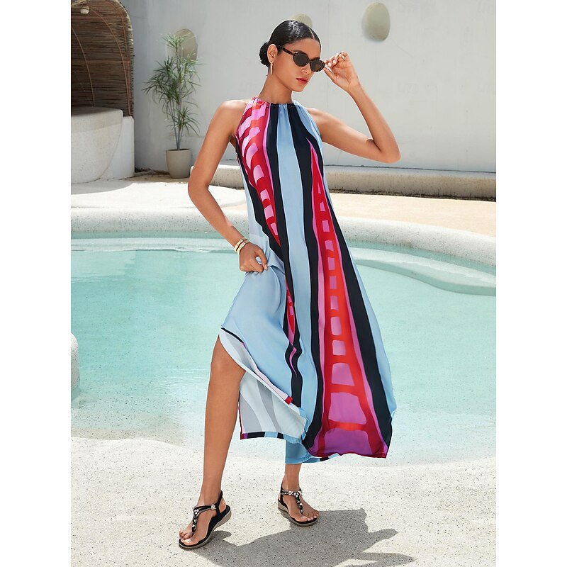 Women's Halter Neck Dress Satin Maxi Maxi Dress Rainbow Sleeveless Contrast Color Color Block Summer Halter Neck Vacation S M L4