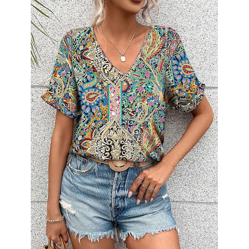 Women's T Shirt Boho Blouse Paisley Print V-Neck Short Sleeve Casual Loose Fit Multicolor Lightweight Summer Top