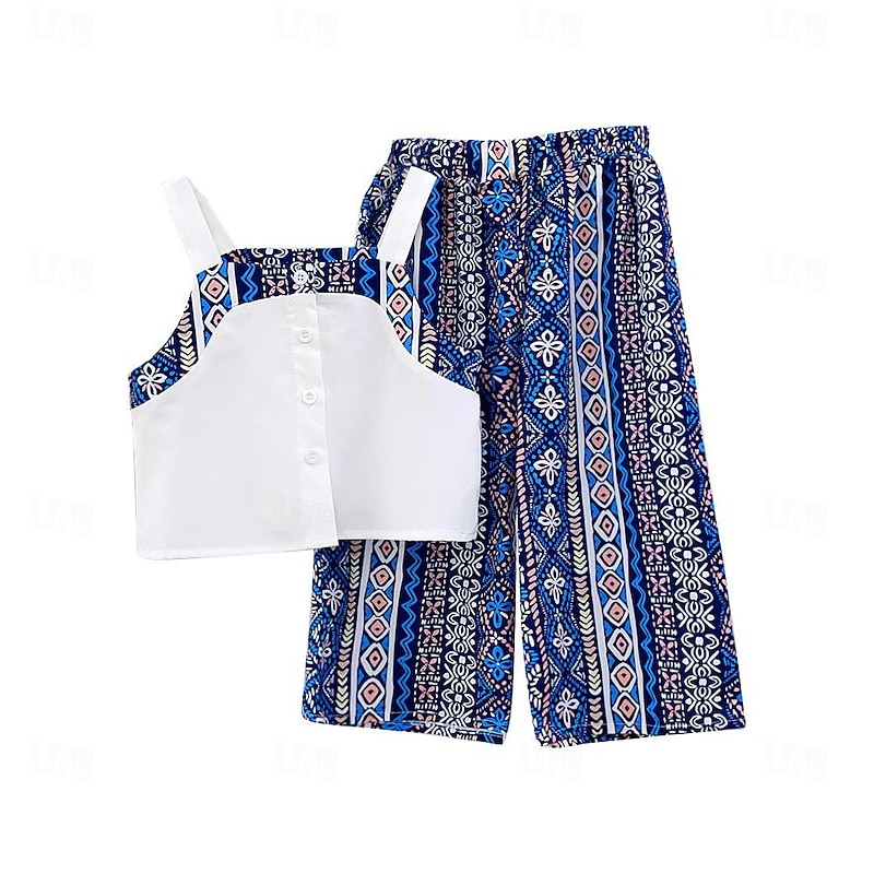 Summer Girl Ethnic Set Lace Lace Lace Collar Sling Top Geometric Printed Wide Leg Pants  Two Piece Set3