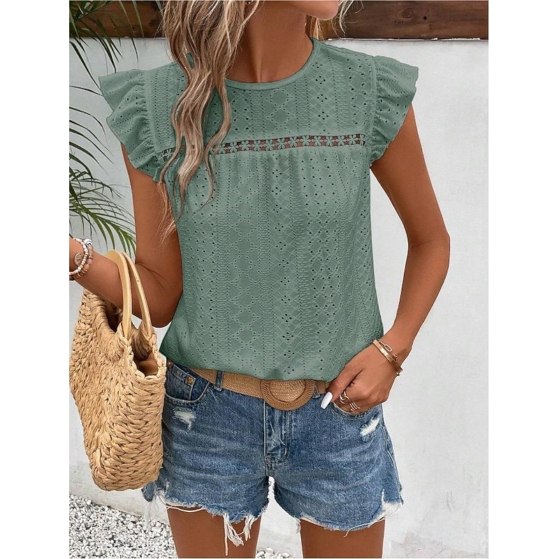 Shirt Blouse Women's Black White Navy Blue Plain Ruffle Cut Out Street Daily Fashion Round Neck Regular Fit S 8