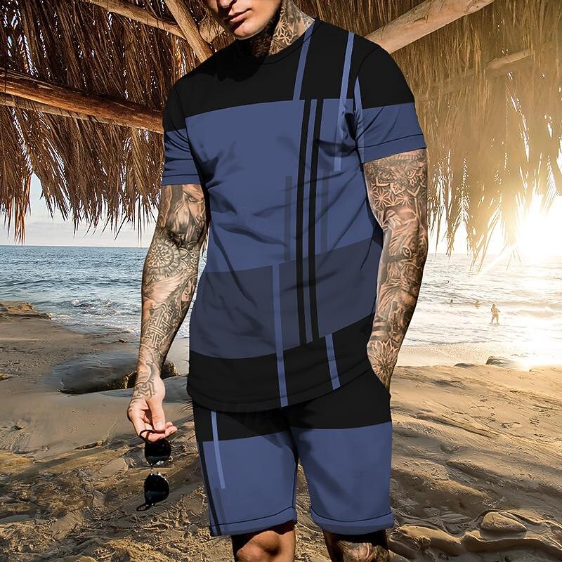 Men's T-shirt Suits 2 Pieces Outfits Tee & Shorts Short Sleeve Crew Neck Summer Color Block Fashion Casual 2 Piece Vacation Daily Wear Going out White Blue Dark Blue Top Tee for Men