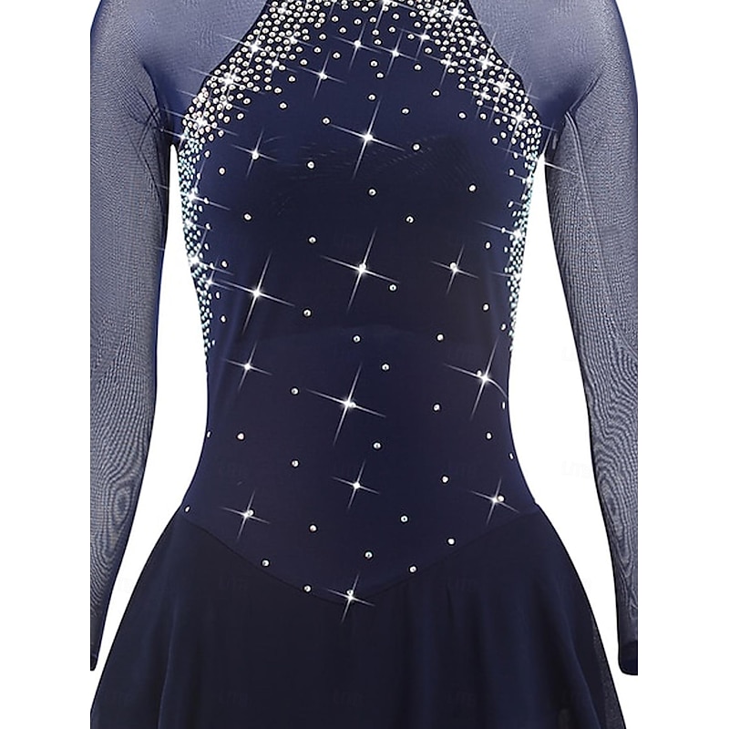 Figure Skating Dress Women's Girls' Ice Skating Dress Dark Navy Patchwork Open Back Mesh Spandex Stretchy Training Practice Professional Skating Wear Crystal / Rhinestone Long Sleeve Ice Skating3