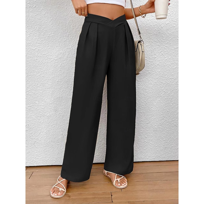 Women's Wide Leg Pants Trousers Fashion Long Plain Wide Leg Breathability Comfortable Micro-elastic Daily Wear Black Khaki Spring & Summer Regular Fit