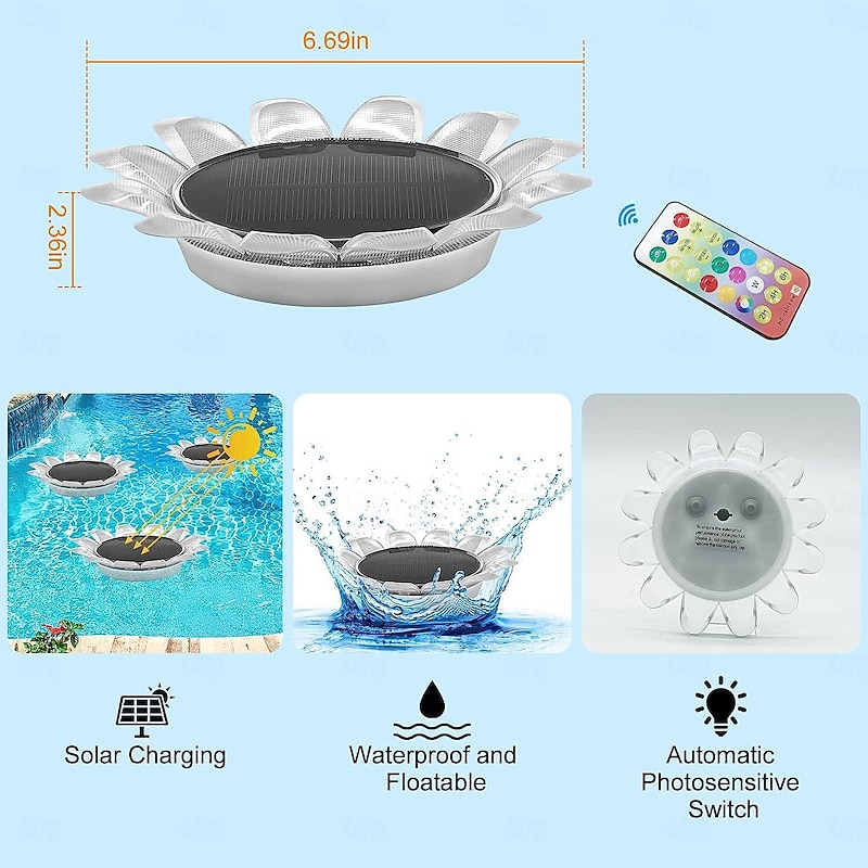 Floating Pool Lights Solar Outdoor Sunflower Lights IP68 Waterproof Floating Lighting, Amphibious Waterproof Floating Pond LED Night Lamps for Garden, Pool, Pond, Backyard Decor3