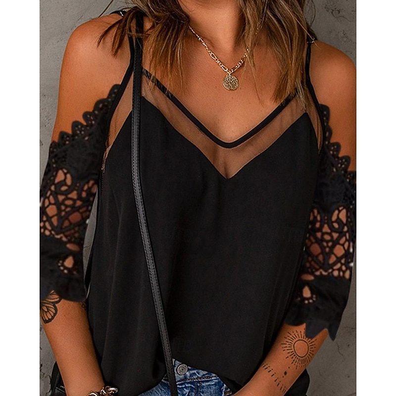 Shirt Blouse Women's Black Plain Lace Cold Shoulder Street Daily Fashion V Neck Regular Fit S2