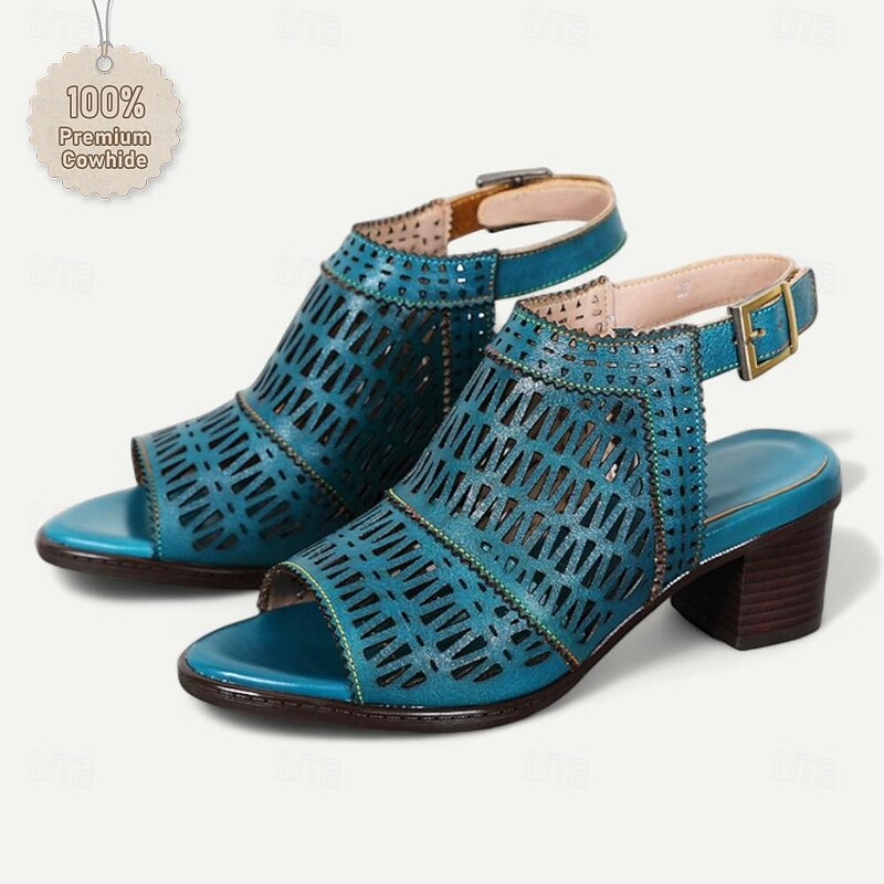 Women's Genuine Leather Cutout Block Heel Sandals in Teal, Vintage Peep Toe Summer Shoes for Casual Wear, Office, and Everyday Comfort2