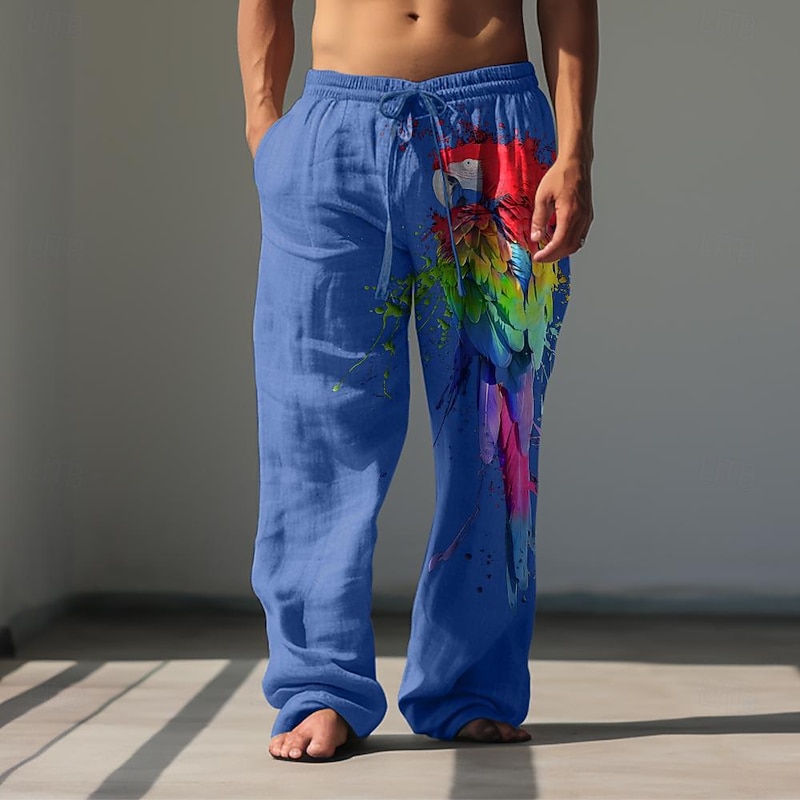 Men's Animal Bird Linen Pants Baggy Pants Mid Waist Hawaiian Casual Outdoor Streetwear Elastic Waist Spring &  Fall Fall & Winter Black White Army Green4