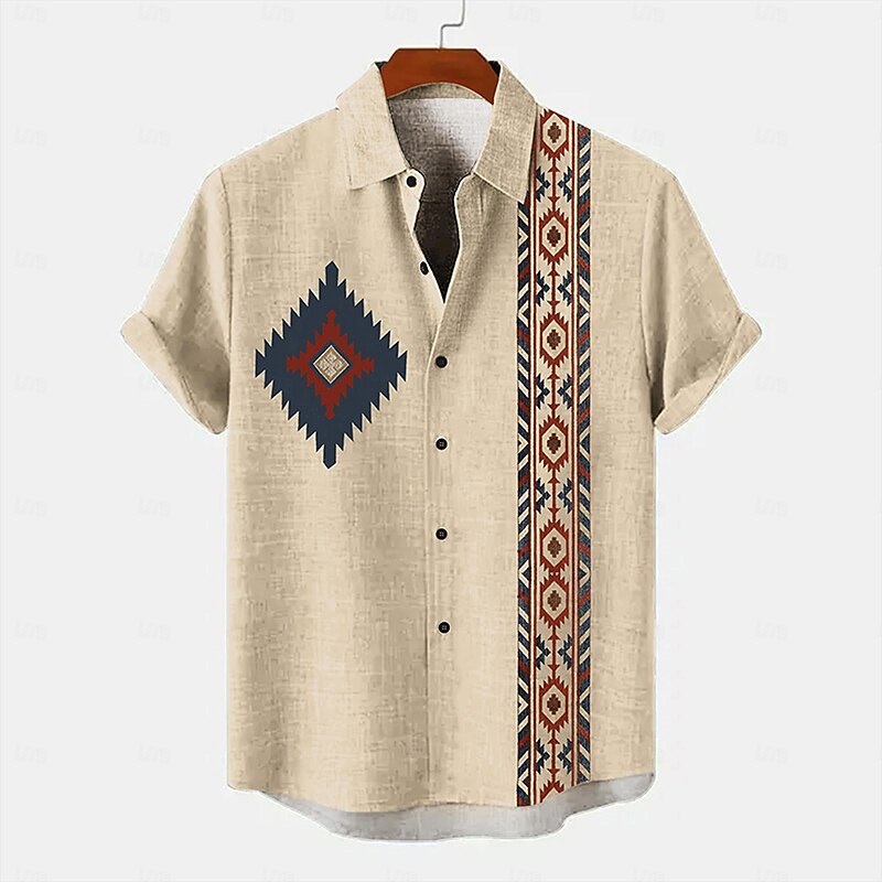 Men's Shirt Linen Shirt Retro Shirts Vintage Shirt Ethnic Shirt Daily Blue khaki Short Sleeve Turndown Summer Spring Clothing Apparel