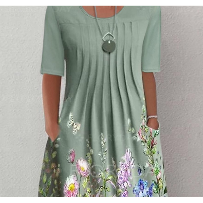 Women's Midi Dress Casual Dress Floral Ruched Pocket Crew Neck Basic Classic Daily Short Sleeve Summer Spring4