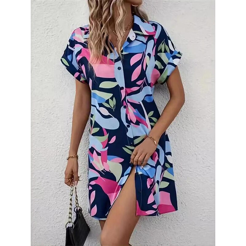 Women's Shirt Dress Casual Dress Mini Dress Date Vacation Modern Casual Shirt Collar Button Print Short Sleeve Summer Spring Loose Fit Floral Leaf