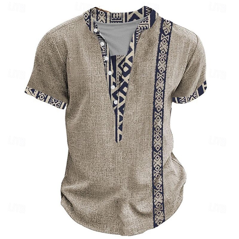 Men's Tribal Bandana Print T Shirt Henley Shirt Short Sleeve 3D Print Designer Ethnic Vacation Casual Daily Summer Spring Heather Gray Green Khaki Henley Henley T-Shirt2