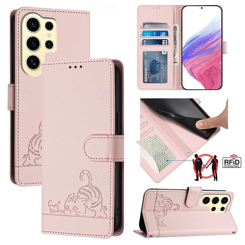 Phone Case For Samsung Galaxy S25 S24 S23 S23 FE S22 S21 Ultra Plus A55 5G A35 5G A25 A15 Back Cover with Stand Holder Magnetic with Wrist Strap Cat Retro TPU PU Leather3
