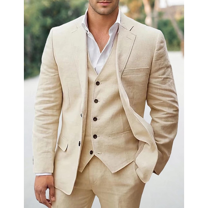 Men's Wedding Linen Suits White Sky Blue Solid Colored Tailored Fit 3 Piece Single Breasted Two-buttons2