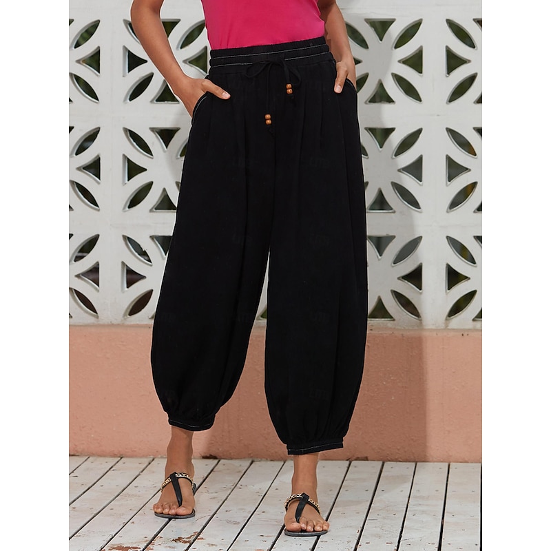Women's Linen Black Loose Pleated Adjustable Drawstring Dhoti Pants with Pockets - Main Image