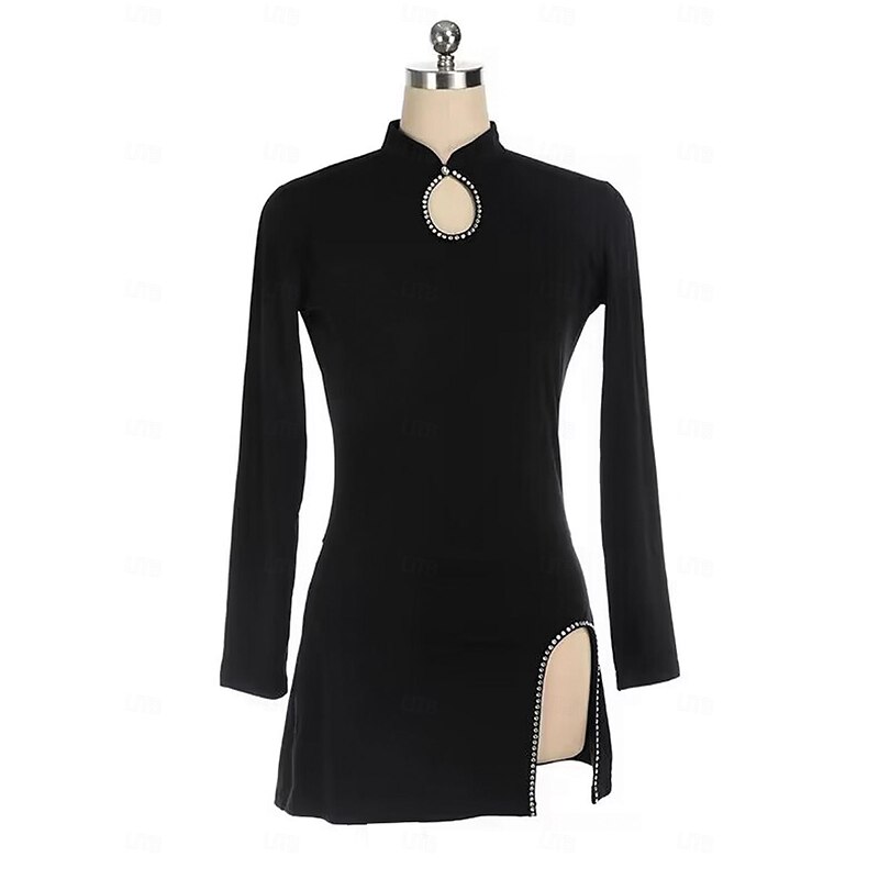 Figure Skating Dress Women's Girls' Ice Skating Dress Black Mesh Spandex Stretchy Training Practice Professional Skating Wear Thermal Warm Crystal / Rhinestone Long Sleeve Ice Skating Figure Skating