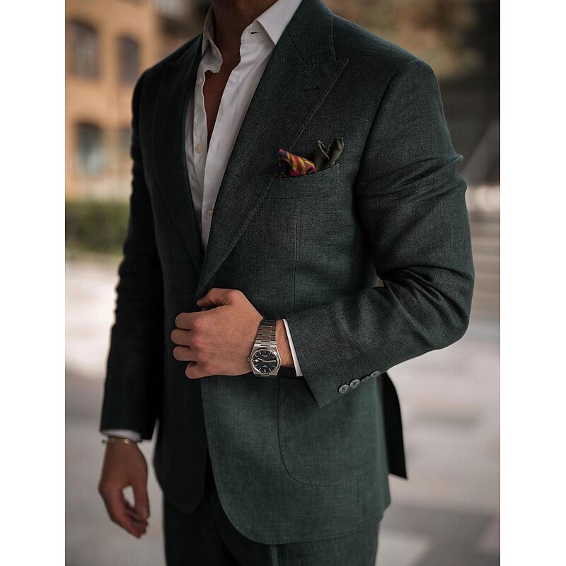 Men's Wedding Linen Suits Peaked Lapel Dark Green Solid Colored Tailored Fit 2 Piece Single Breasted One-button