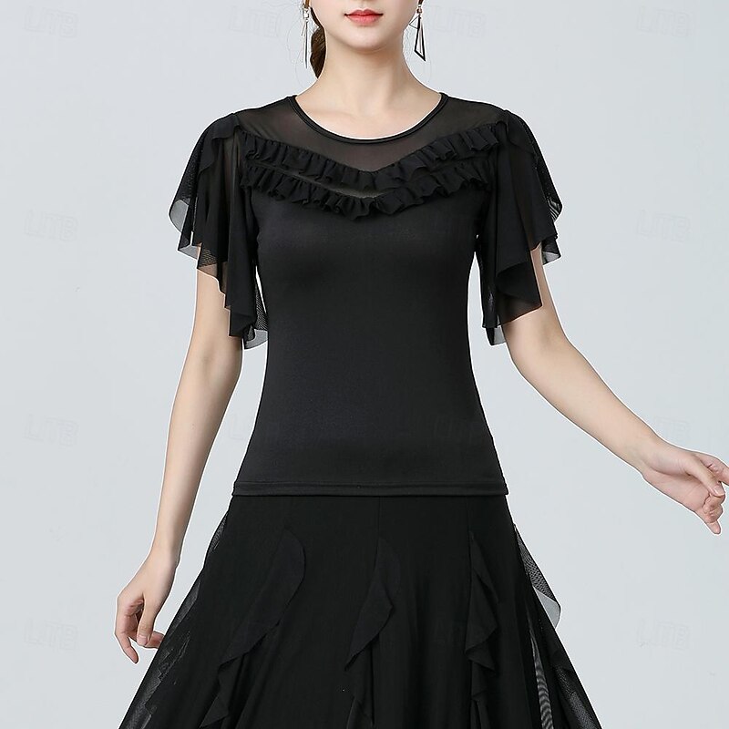 Latin Dance Ballroom Dance Top Pure Color Splicing Tulle Women's Performance Training Short Sleeve High Polyester4