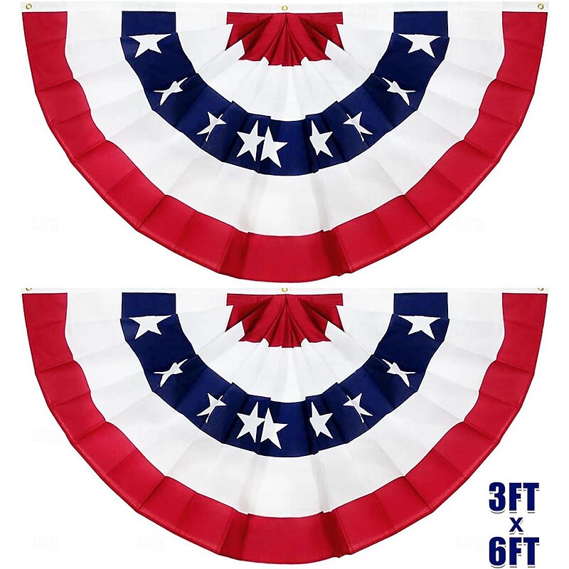 2 Pack USA Patriotic Pleated Fan Flags 3x6 Feet 4th of July Independence Day Large American Flags Bunting Patriotic Stars Stripes Pleated Fan USA Flag Banners Red White Blue Decorations