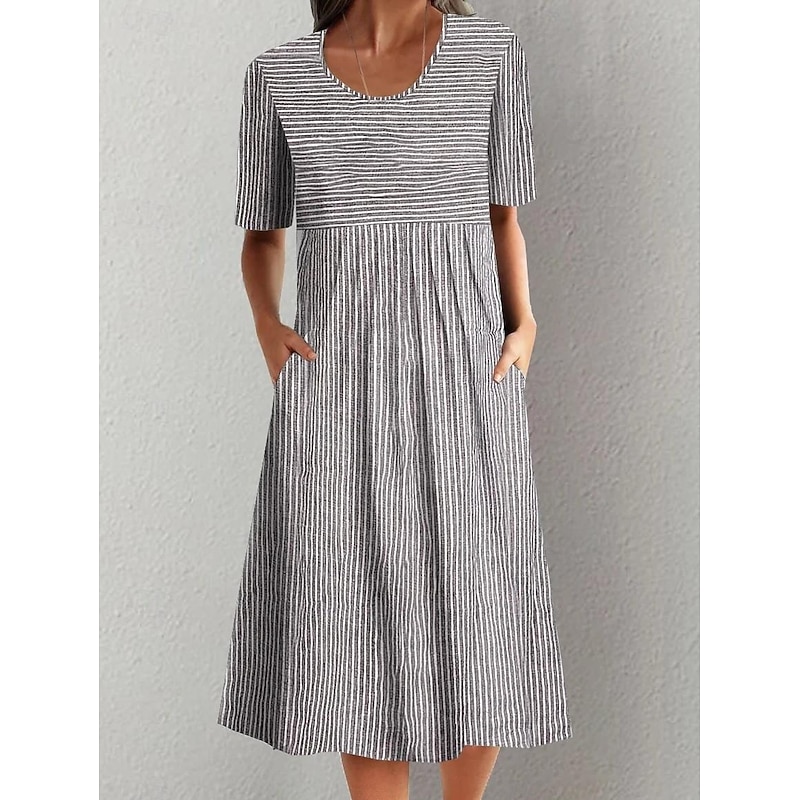 Women's Jumper Dress Stripe Ruched Print Crew Neck Midi Dress Elegant Bohemia Home Daily Summer2