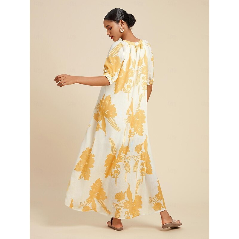 Women's High Low Dress Maxi Dress Yellow Short Sleeves Floral Bird Floral Style Summer V Neck Dresses High Low Vacation S M L3
