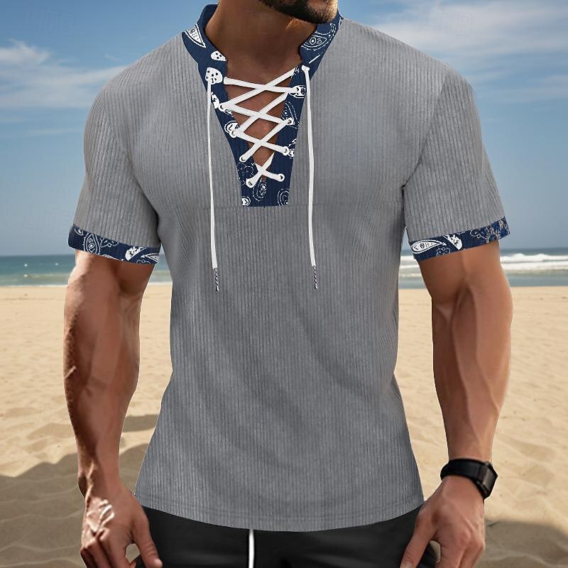 Men's T Shirt Corduroy Shirt Tee Short Sleeve Shirt Short Sleeve V Neck Spring & Summer Color Block Fashion Designer Basic Lace up Patchwork Vacation Street Going out Black Brown Khaki Top Tee for Men