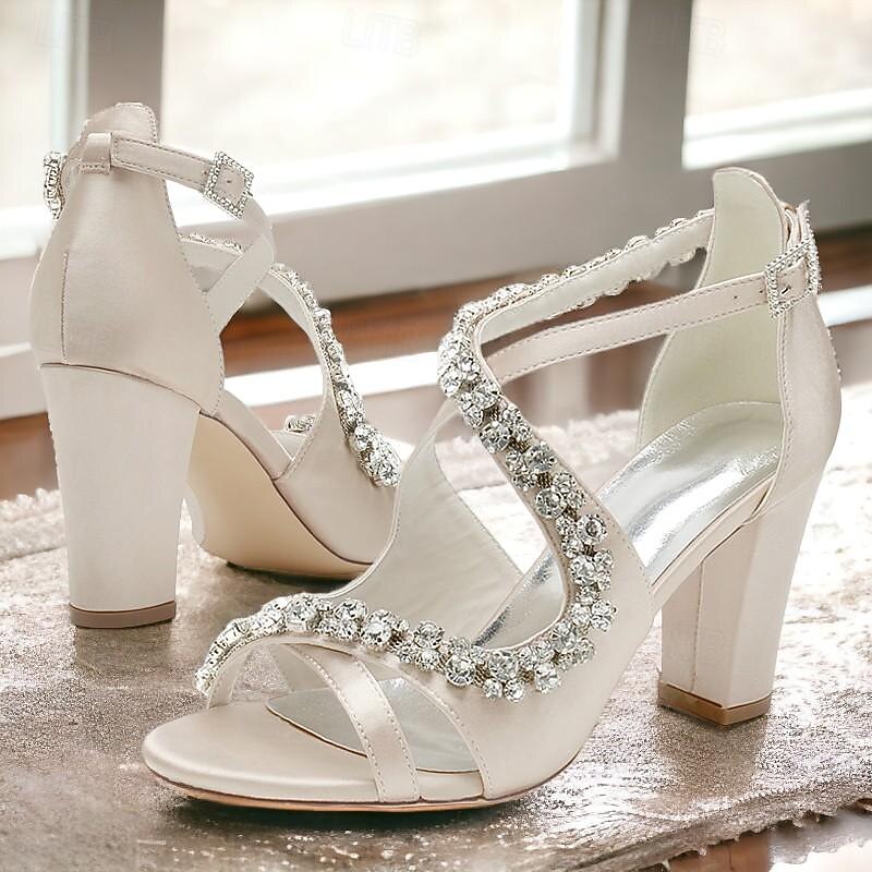 Women's Ivory Satin Chunky Heel Sandals with Rhinestone Straps – Elegant Open-Toe Dress Shoes for Cocktail Parties and Weddings2