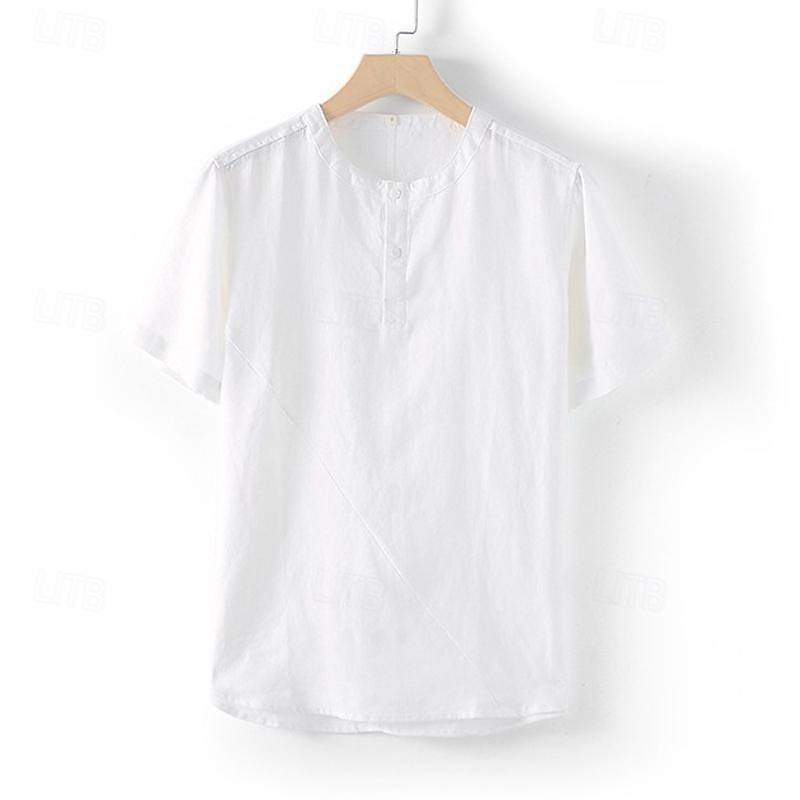 Men's Shirt White Cotton Shirt Casual Shirt Cotton Linen Shirt Plain Vacation Street White Beige Short Sleeve Crew Neck Summer Clothing Apparel Button-Down 6