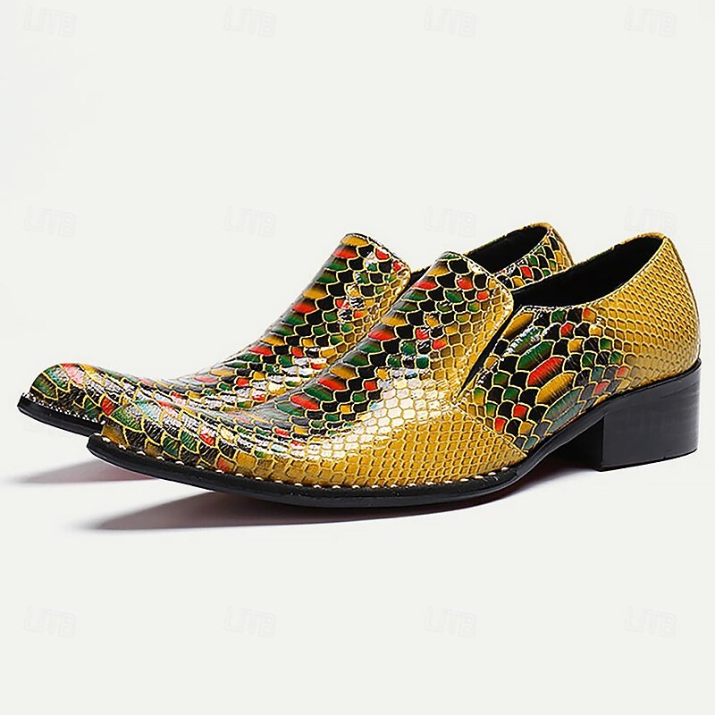 Men's Colorful Mosaic Snakeskin Print Leather Loafers with Low Block Heel2