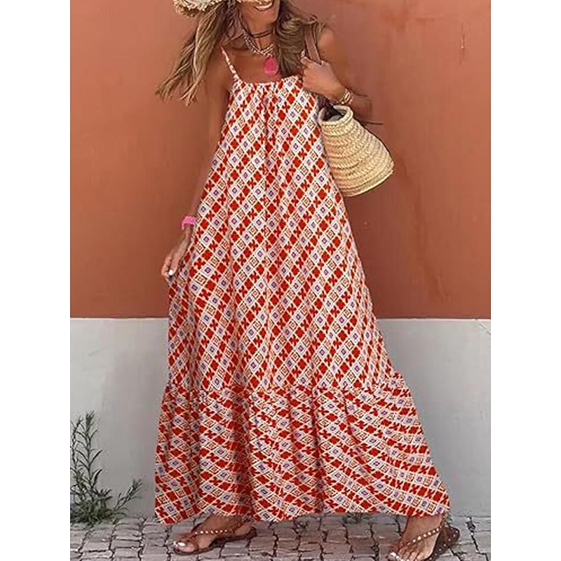 Women's Casual Dress Swing Dress Slip Dress Geometric Plaid Backless Print Strap Long Dress Maxi Dress Stylish Casual Daily Date Sleeveless Summer4