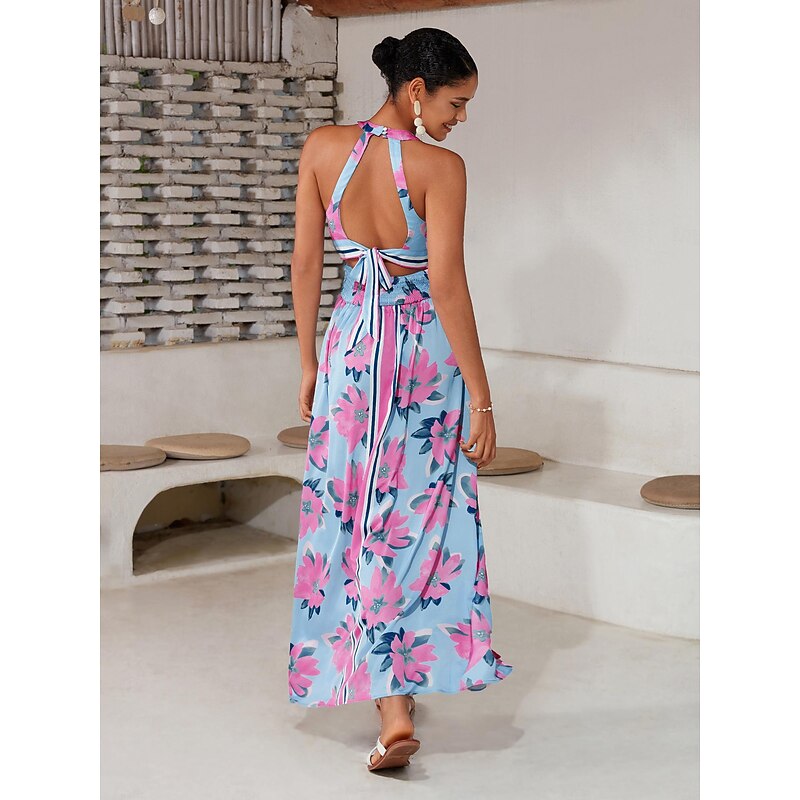 Satin Print Halter Neck Backless Maxi Dress2