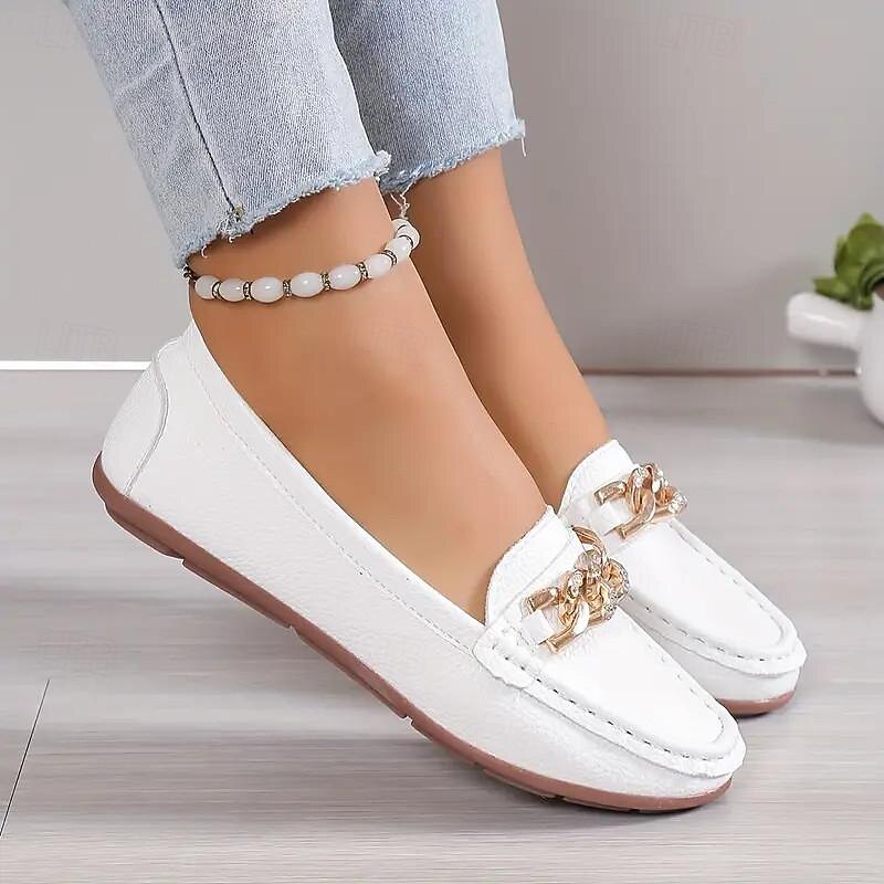 Women's Metallic Chain Decor Loafers Casual Round Toe Low Top Slip On Shoes Comfy & Versatile Flats2