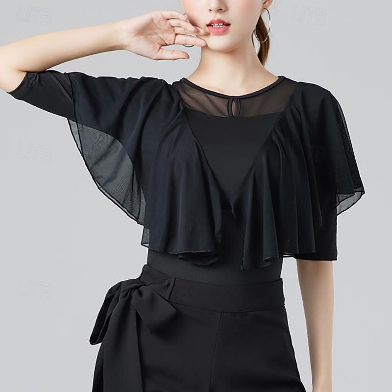 Latin Dance Ballroom Dance Top Ruffles Pure Color Splicing Women's Performance Training Half Sleeve High Cotton Blend