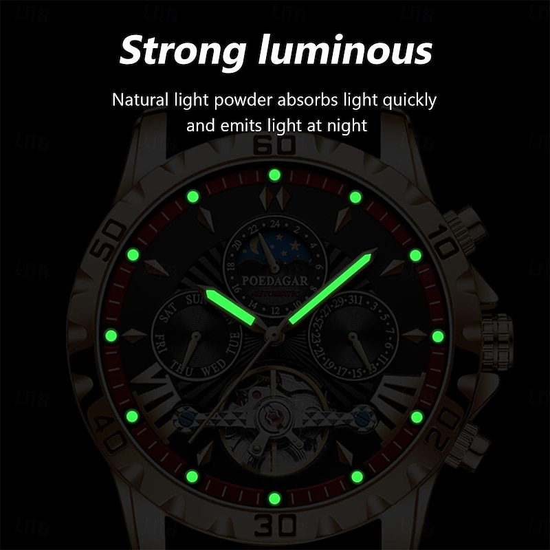 POEDAGAR Men Mechanical Watch Fashion Casual Wristwatch Automatic Self-winding Moon phase Luminous Waterproof Steel Watch3