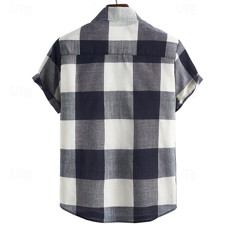 Men's Shirt Summer Shirt Casual Shirt Beach Shirt Button Up Shirt Checked Shirts Navy Blue Short Sleeve Plaid Turndown Vacation Hawaiian Clothing Apparel Polyester Fashion Casual Comfortable3