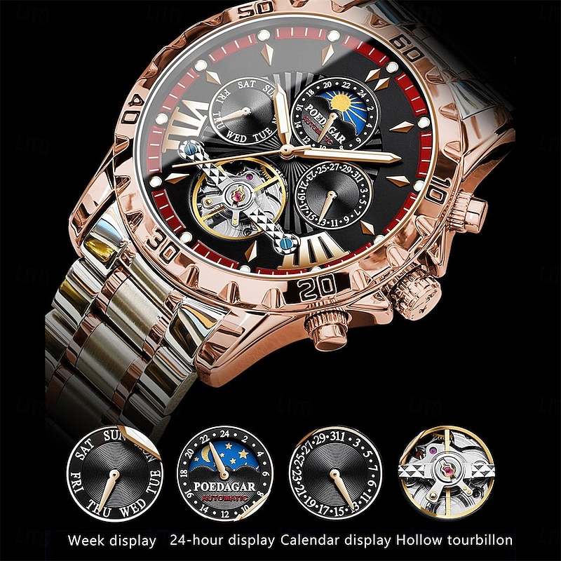 POEDAGAR Men Mechanical Watch Fashion Casual Wristwatch Automatic Self-winding Moon phase Luminous Waterproof Steel Watch4