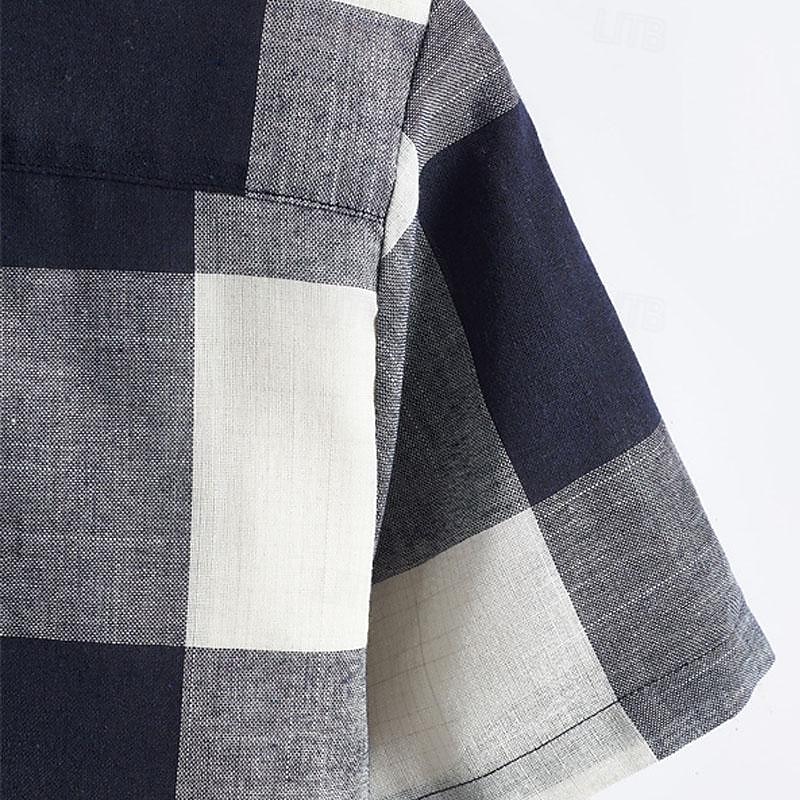 Men's Shirt Summer Shirt Casual Shirt Beach Shirt Button Up Shirt Checked Shirts Navy Blue Short Sleeve Plaid Turndown Vacation Hawaiian Clothing Apparel Polyester Fashion Casual Comfortable4