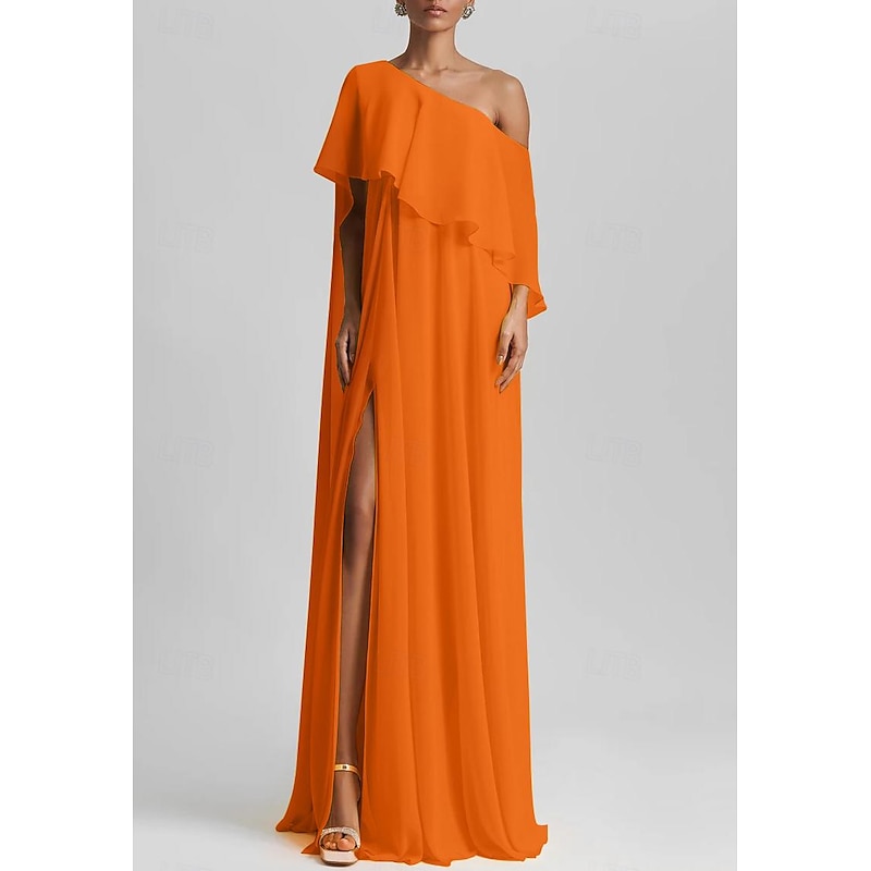 A-Line Evening Gown Elegant Dress Beach Wedding Formal Wedding Guest Floor Length Sleeveless One Shoulder Stretch Chiffon with Ruffles Slit4