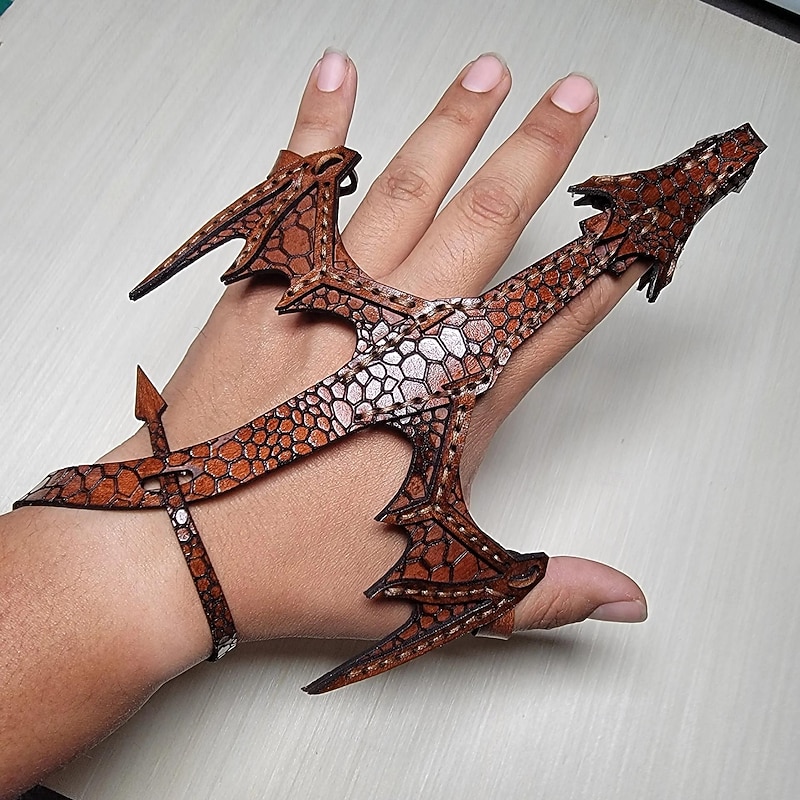 Leather Hand Dragon Bracelet - Vegetable Tanned Leather Hand Puppet with Scale Texture, Adjustable Fit for 5
