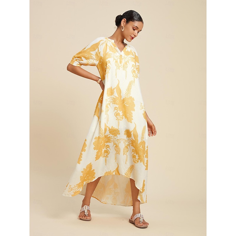 Women's High Low Dress Maxi Dress Yellow Short Sleeves Floral Bird Floral Style Summer V Neck Dresses High Low Vacation S M L