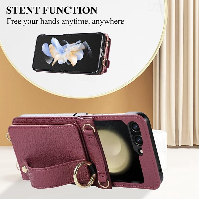 Phone Case For Samsung Galaxy Z Flip 6 Z Flip 5 Z Flip 4 Z Flip 3 Back Cover with Stand Holder with Wrist Strap Card Slot Retro TPU Metal PU Leather3