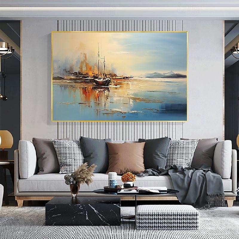 Abstract Coastal Landscape Oil Painting on Canvas Large Wall Art Original Blue Sailboat Art painting Ocean Art Custom Painting for Living Room bedroom wall Decor4