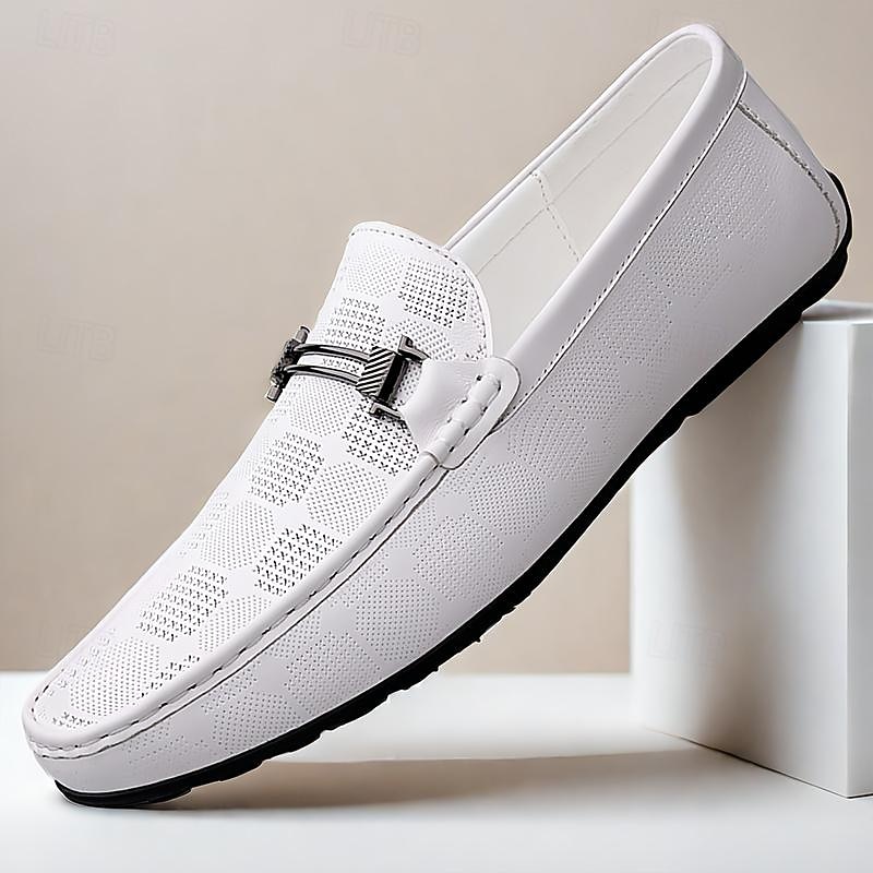 Men's White Leather Slip-On Loafers - Stylish Checker Pattern Driving Shoes